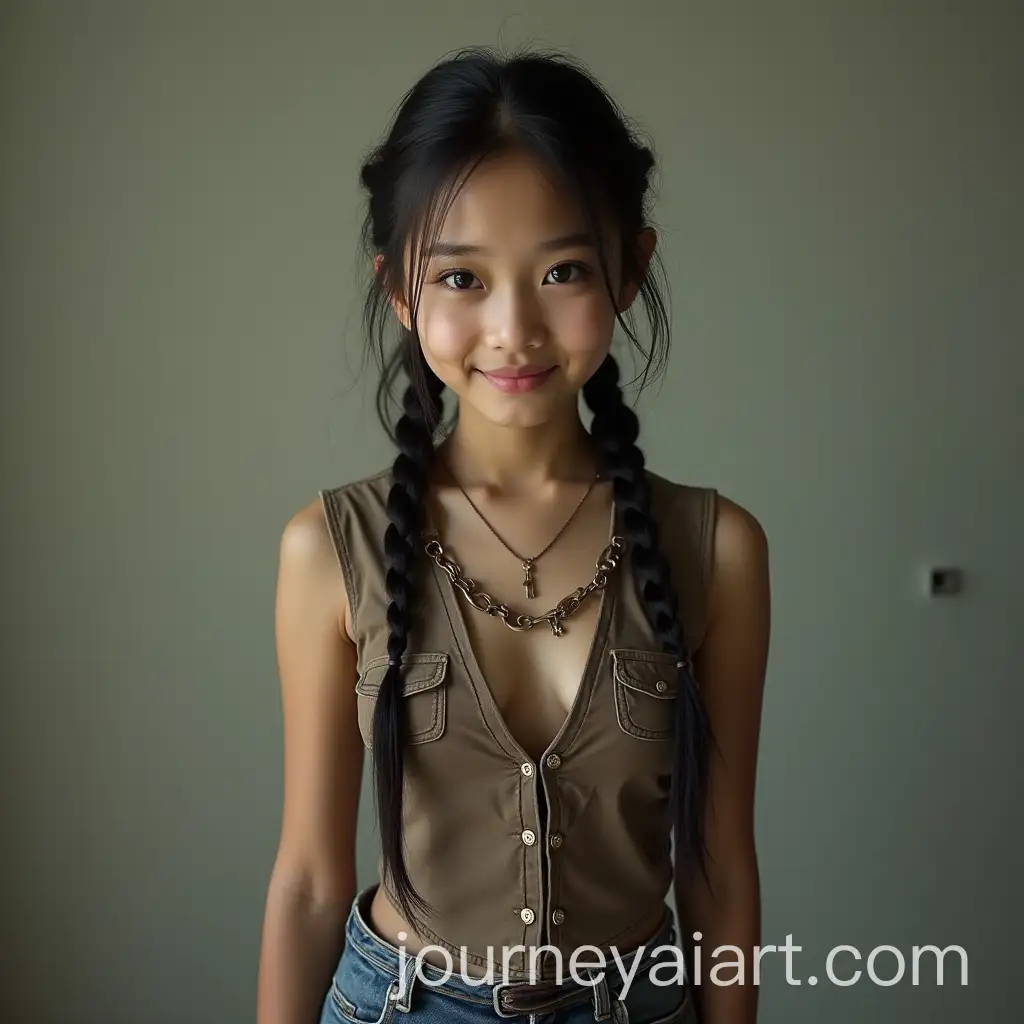 Shy-Cute-Asian-Woman-in-PostApocalyptic-Outfit-with-Braids-and-Smiling-Expression