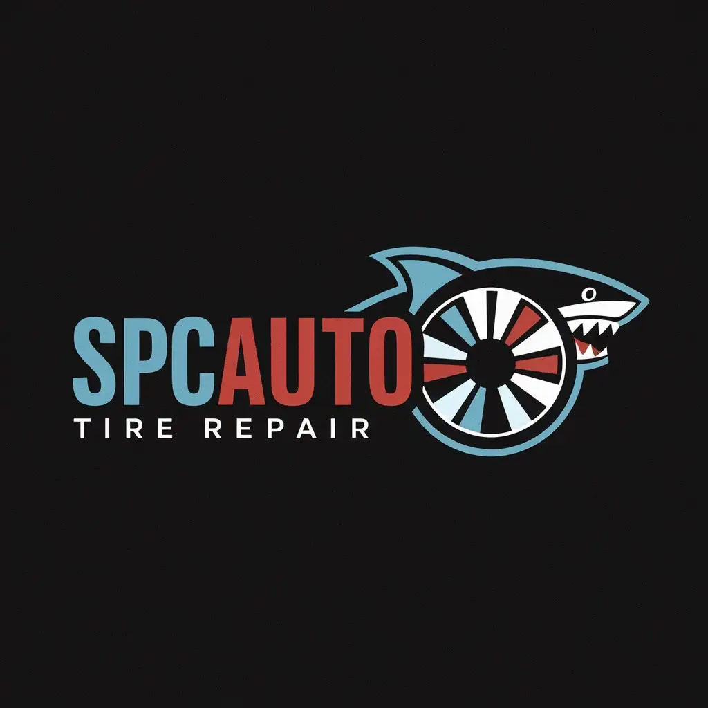 a logo design,with the text "SPCAUTO", main symbol:Shark wheel tire repair blue red light blue black white,Moderate,clear background