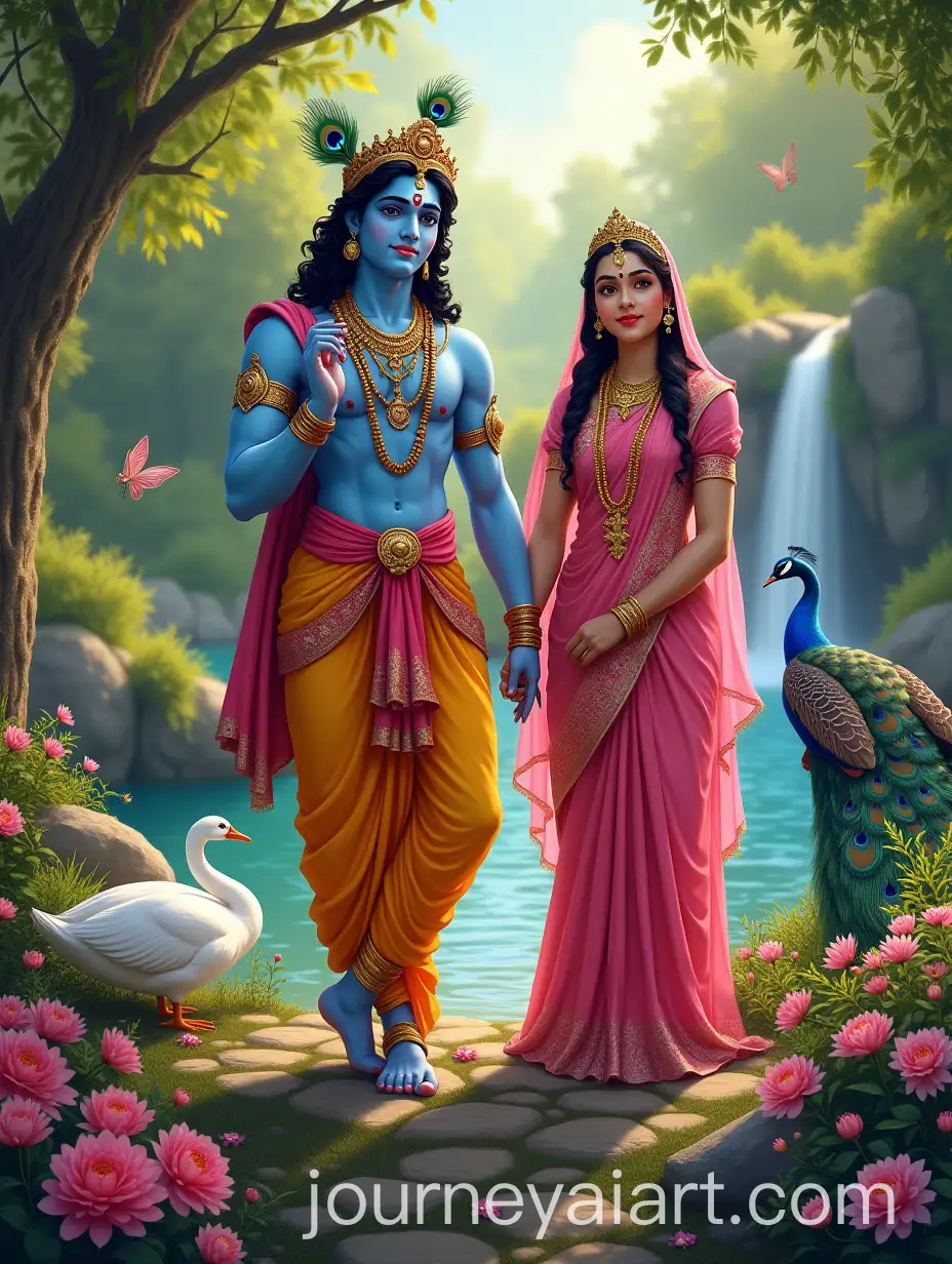 Krishna-and-Radha-in-Serene-Garden-with-Swan-and-Peacock