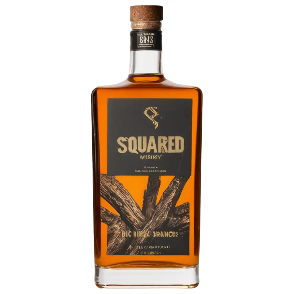 PNG-Image-Whisky-Bottle-with-Squared-Design-and-Big-Inside-Typography-among-Branches-Break-Drinks