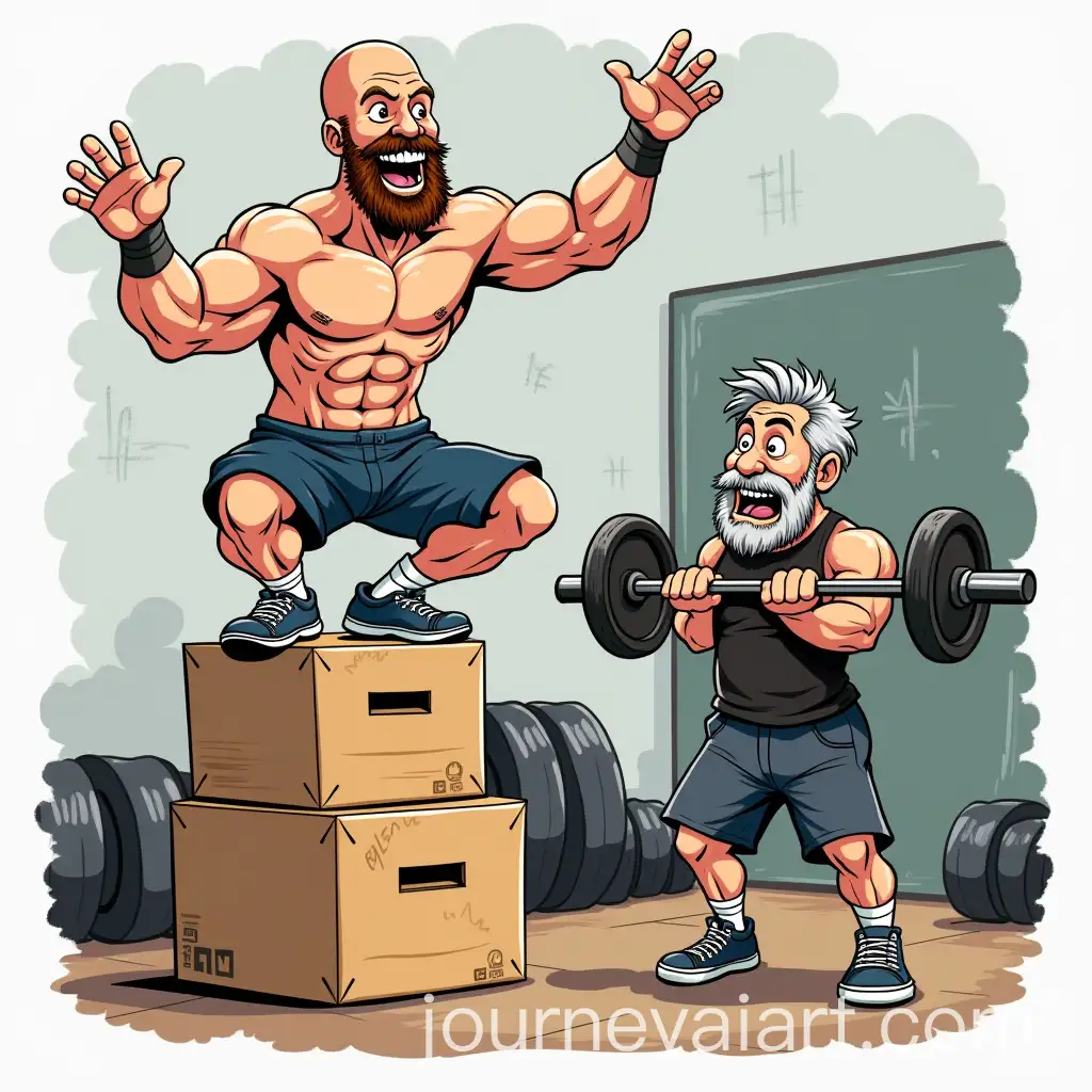 Funny-CartoonStyle-CrossFitAI-Image-Prompt-Expansion-Team-TShirt-Design-with-Muscular-Men-and-Playful-Exercises
