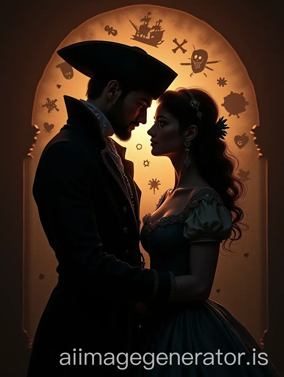 Romantic-Silhouette-of-Pirate-and-Aristocratic-Woman-in-Dark-Tones