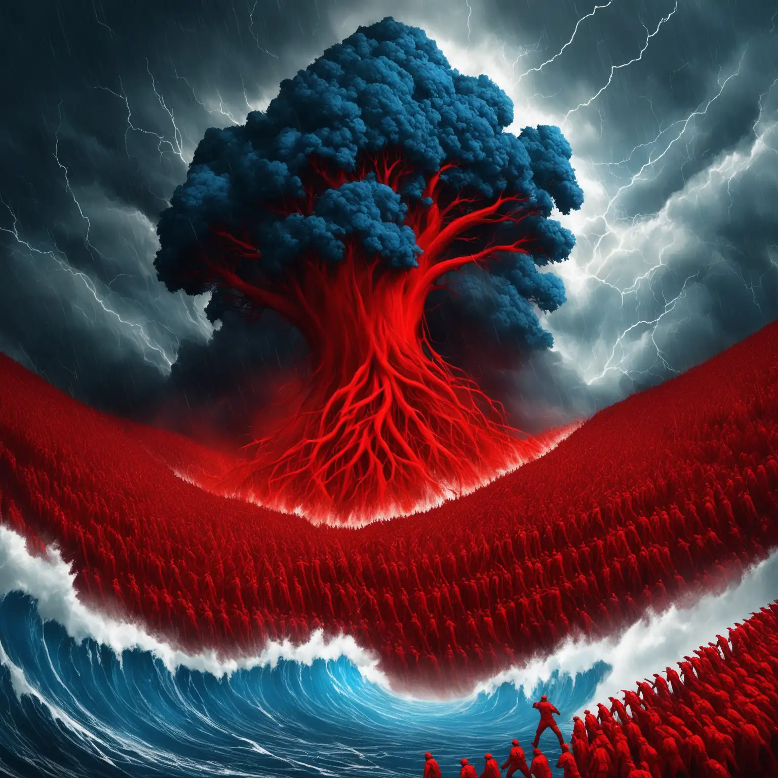 A red force of nature is taking over a blue force by a storm of nature. the whole scene is epic