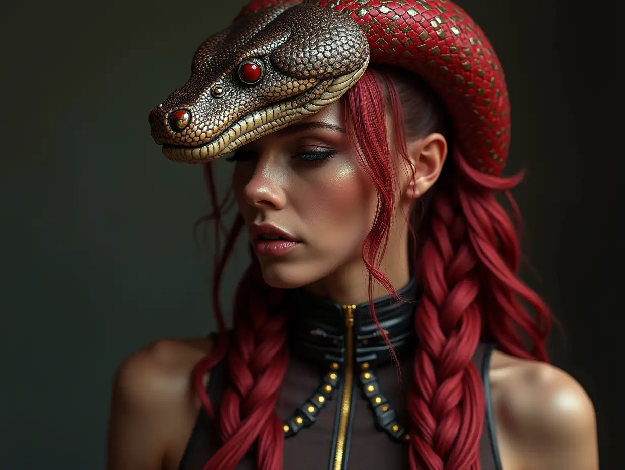 Ultradetailed hyperrealistic woman with snake head,with red braids red boots with flawless attention to texture, surface and lighting, to give depth, dimension and a photorealistic appearance.