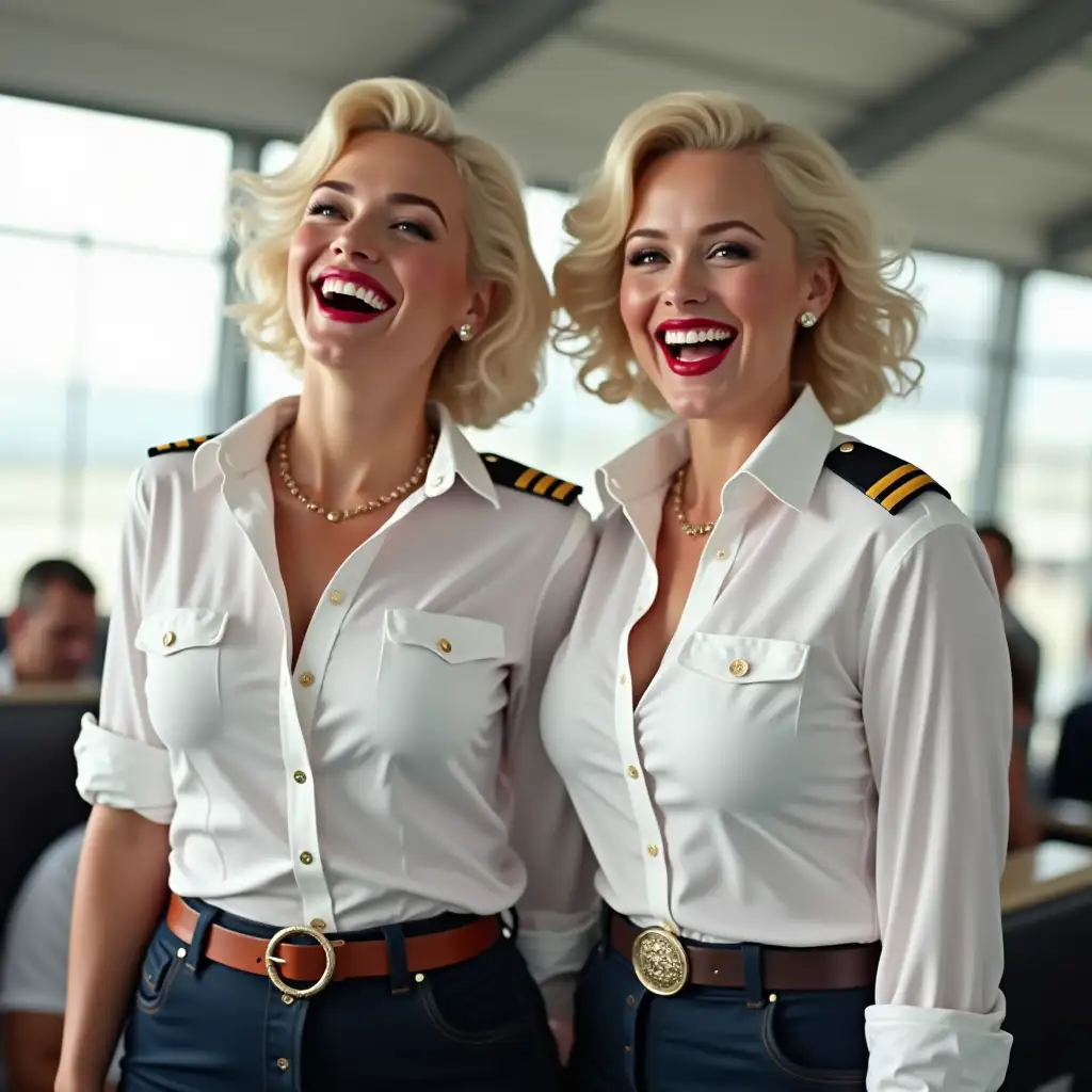 two white curvy pilot ladies, Marilyn Monroe face, in white unbuttoned pilot shirt, laughing with her mouth open, red lipstick accentuating her smile,belt on waist, big wide hips, chest are fully grown, jewerly, short hair, HD, enjoying at airport , photo-realism