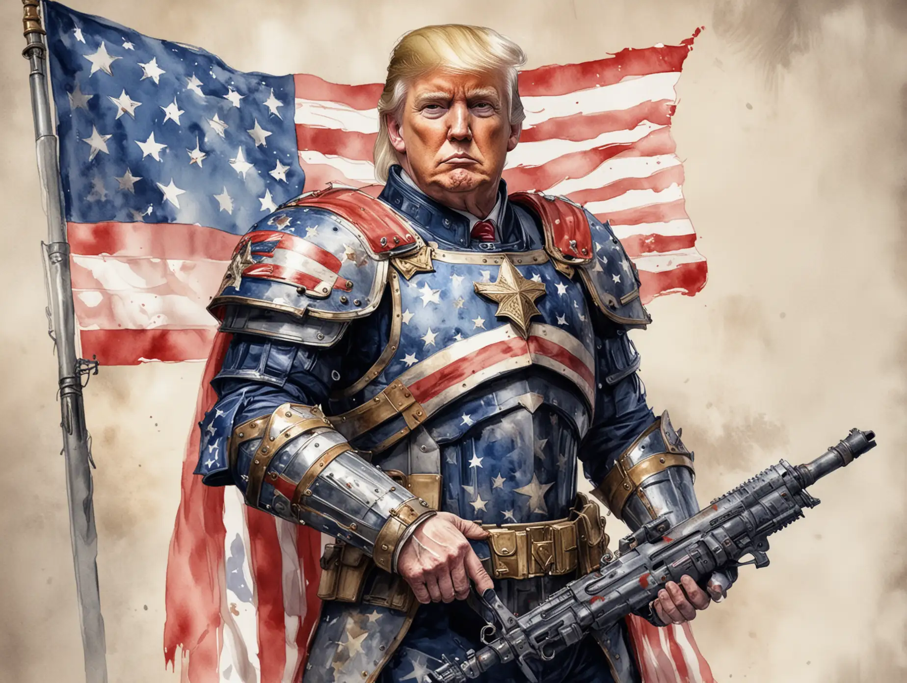 user_prompt: watercolor paint style, Trump wearing a armor in American flag colors, holding a weapon