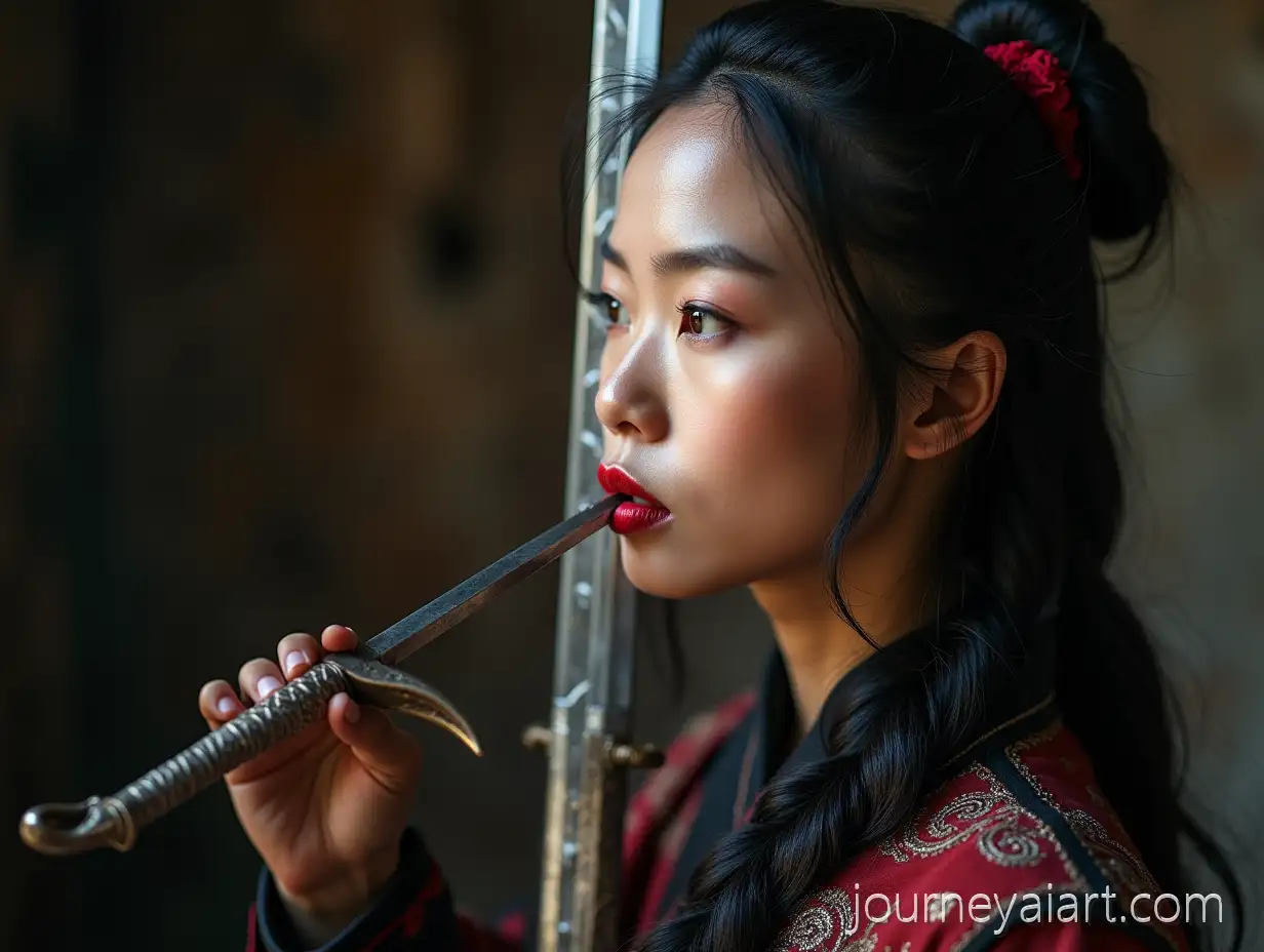 Beautiful-AsianAI-Image-Expansion-Woman-Warrior-Kissing-Sword-Blade-with-Red-Lipstick