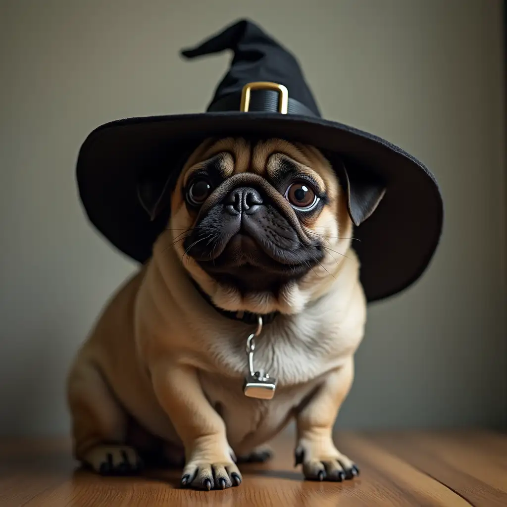 I want an 8 years old pug wearing a witch hat.