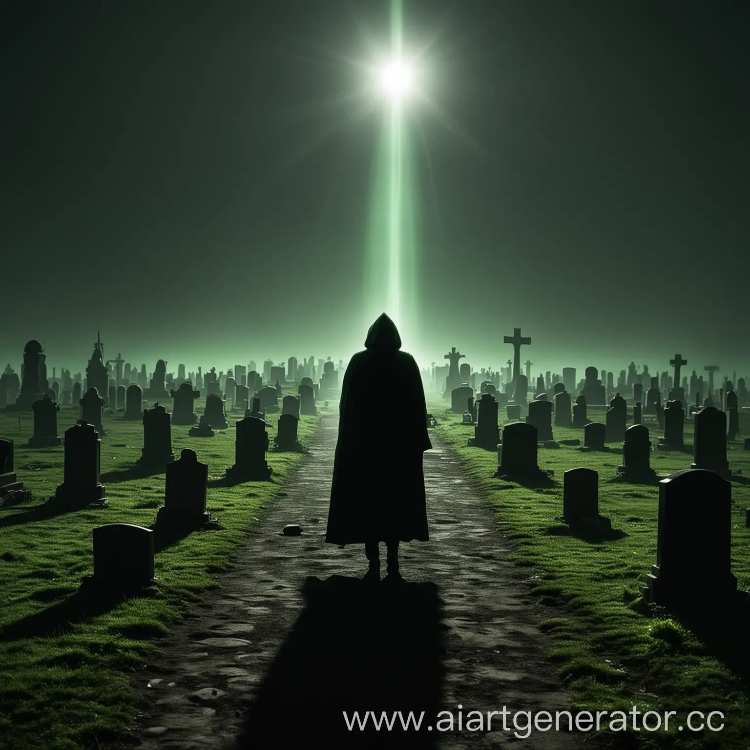 Mysterious-Figure-in-Cloak-Walking-in-Graveyard-under-Glowing-Green-Sky