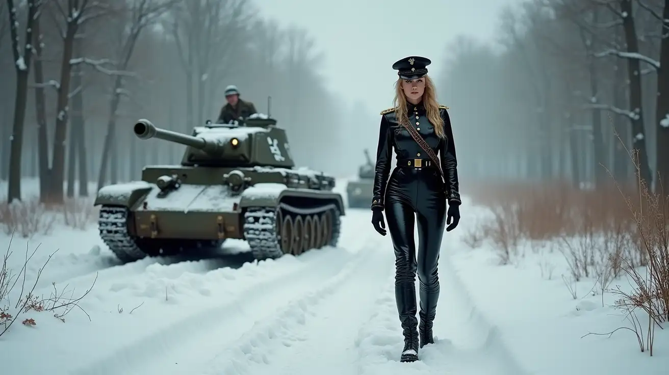 World-War-II-BDSM-Mistress-in-PVC-Attire-Amid-Snowy-Battlefield