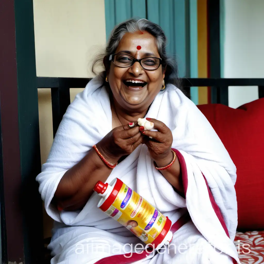 Joyful-Bengali-Mother-with-Spectacles-Enjoying-Rasgulla-Sweet-with-Dog-on-Balcony