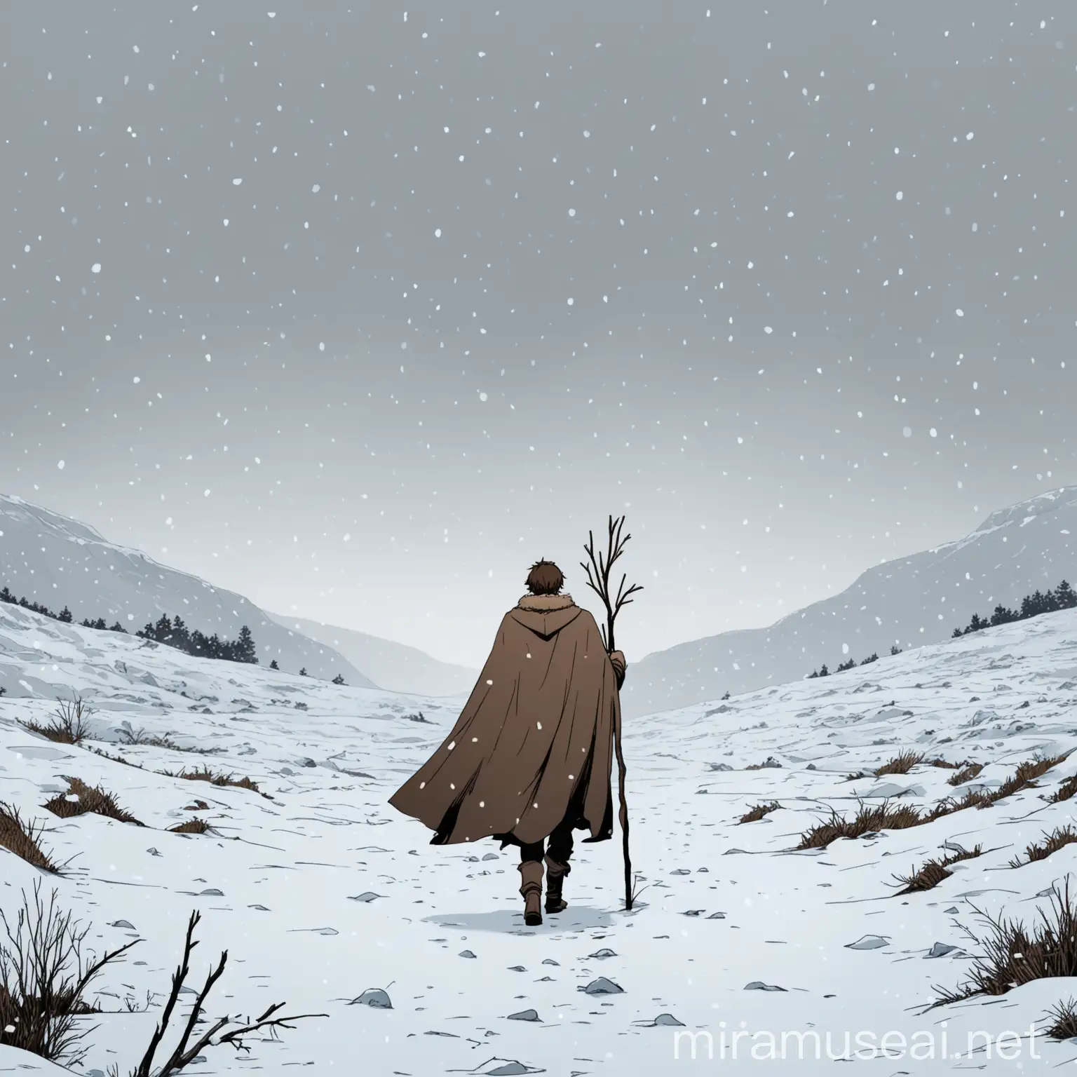 Solitary Man in Snowy Landscape with Cloak and Walking Stick