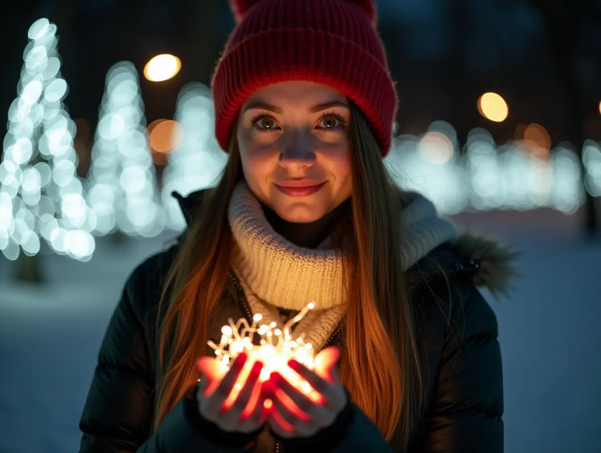 A close-up portrait of a young woman, with long straight brown hair,  a red knitted beanie with a fuzzy texture, a light-beige scarf, and a black puffer jacket. She is holding a string of small warm-white fairy lights in her hands. The background is a night scene, out of focus, with illuminated white decorative trees and a hint of snow on the ground. The lighting is soft and cool, with a bokeh effect. The woman has a beauty mark on her left cheek, light makeup with prominent lips, looking directly at the viewer with a calm expression. The photo is shot with a shallow depth of field.