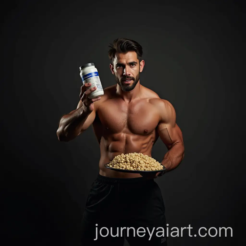 Man-Eating-Protein-and-LiftingAI-Image-Prompt-Expansion-Heavy-Weights-in-Gym-Setting
