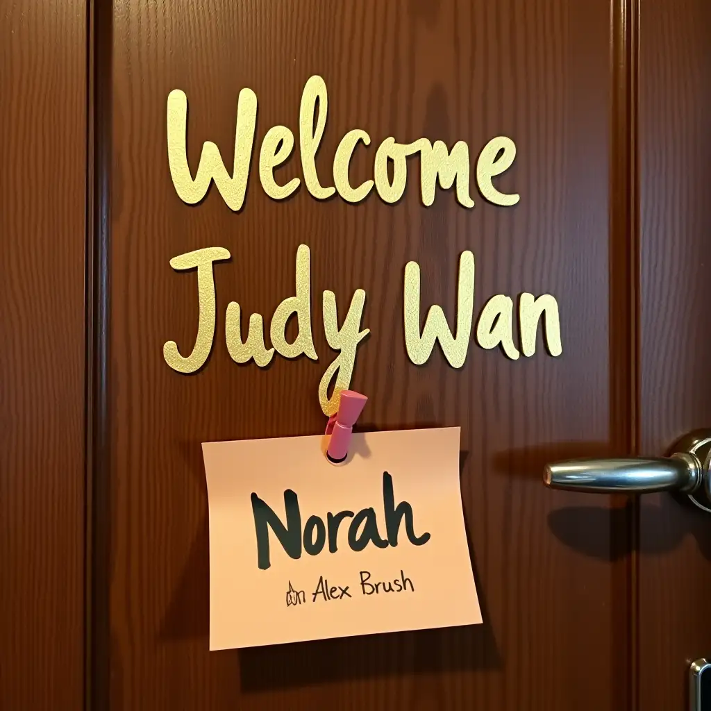 A photo of a door. In the middle of the door, the words 'Welcome Judy Wan' are written in golden Sans font. And on the sticky note attached at the bottom left of the door, the word 'Norah' is written in Alex Brush font. It should be a wooden door with a handle.