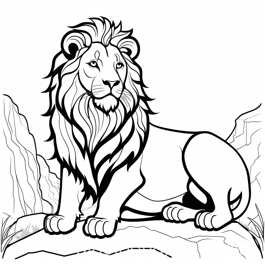 lion sitting on a rock, Coloring Page, black and white, line art, white background, Simplicity, Ample White Space. The background of the coloring page is plain white to make it easy for young children to color within the lines. The outlines of all the subjects are easy to distinguish, making it simple for kids to color without too much difficulty