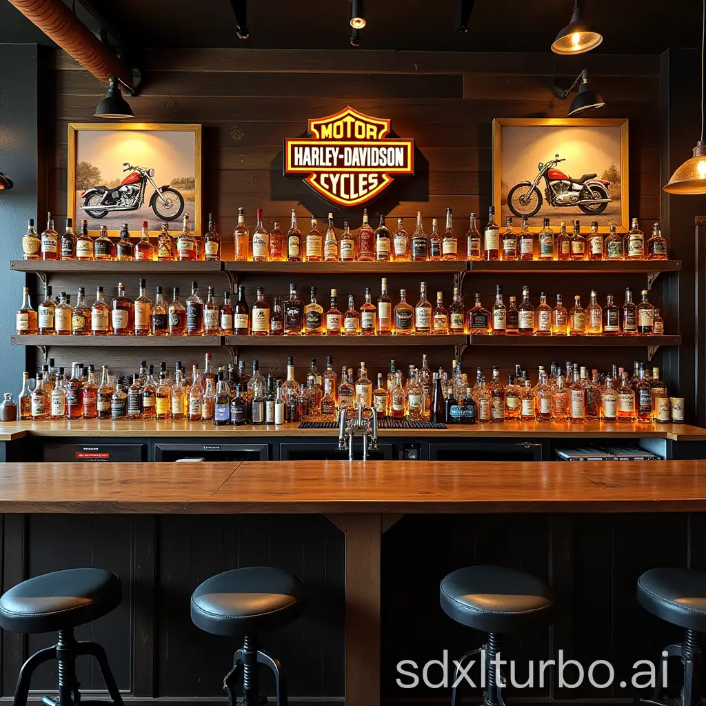 A bar with rustic wooden shelves, many bottles of whiskey, motorcycle paintings, a large Harley and Davidson emblem on the wall, 5 tables with stools.