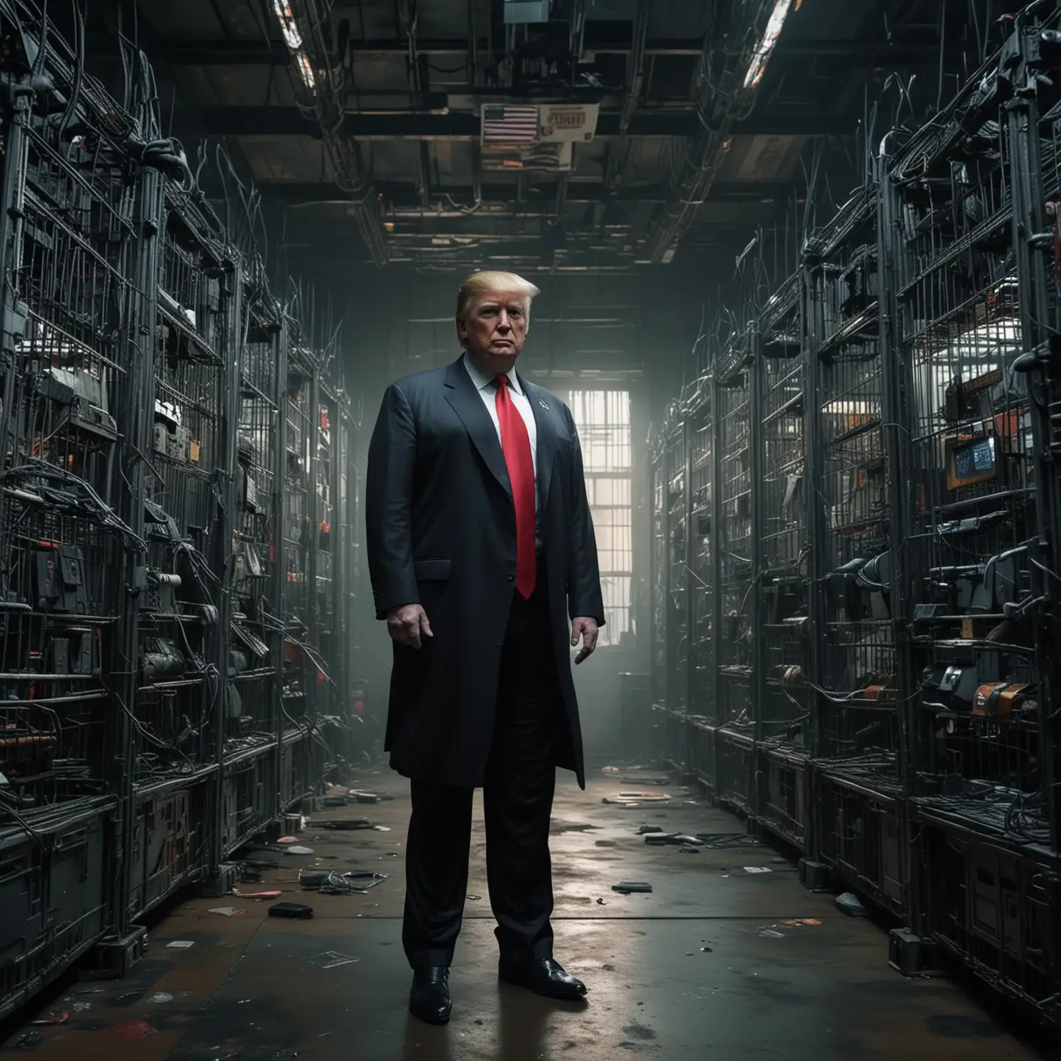 Donald-Trump-in-Cyberpunk-Style-Staring-at-Camera-in-a-Room-with-Open-Cages