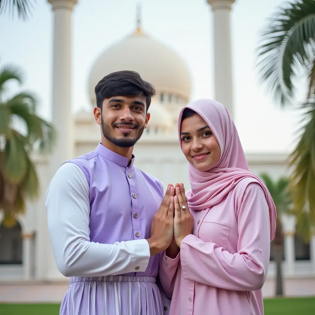 Prompt: Close up of a couple, half body of a Caucasian man (age 30-ish) in black hair, wearing a light purple long sleeved shirt with simple white sleeves, a male Muslim student sarong with vertical stripes pattern, white and light purple, with a woman (age 25) in shariah wide hijab, pink shirt with the same motif as the man, standing pose with Namaste hands, slightly smiling towards the camera, background: posing next to mosque, tall palm trees in bright daylight enhancing the warmth of the atmosphere. photo