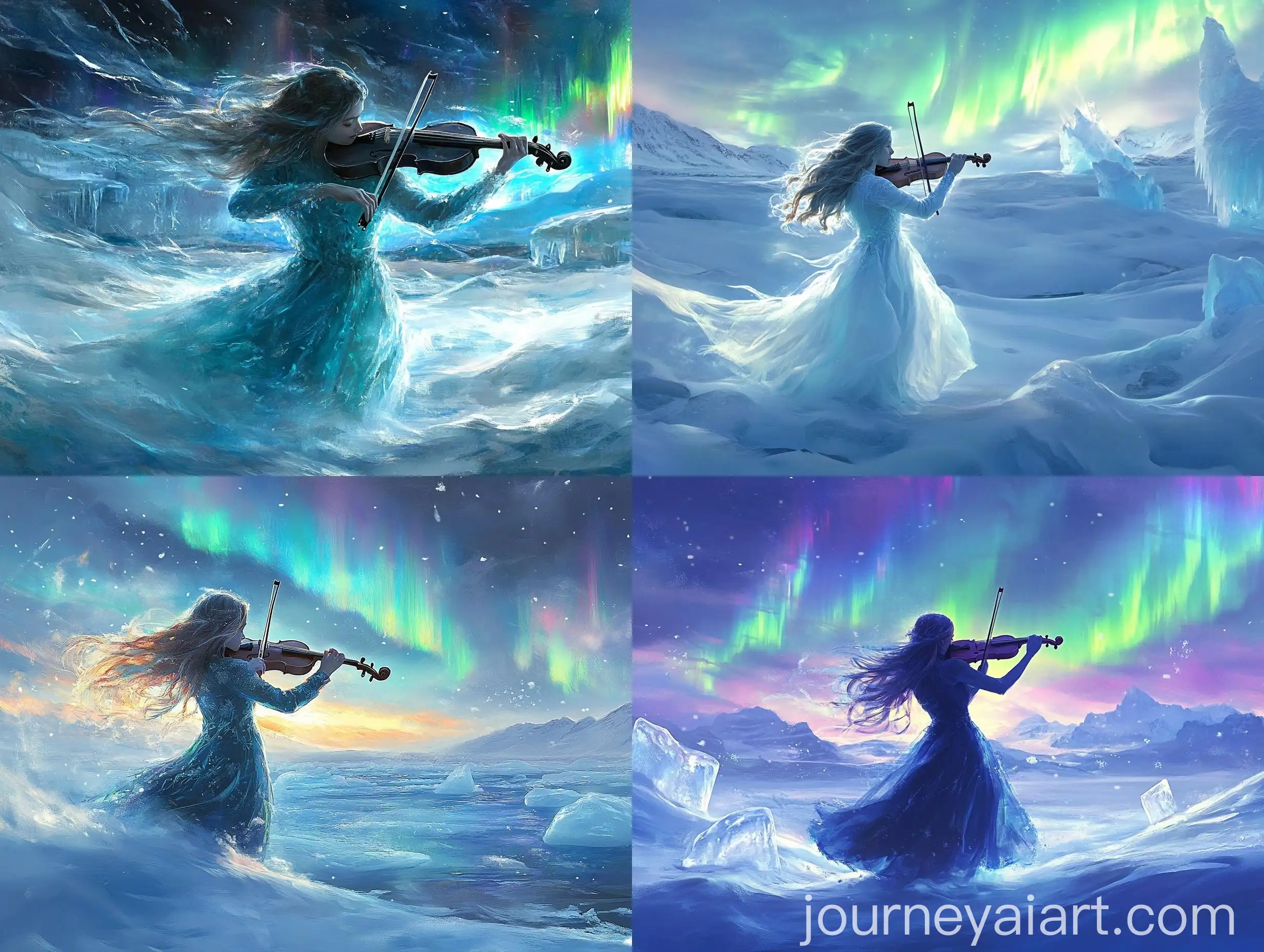 Graceful-Violinist-Amidst-Ice-Sculptures-and-Northern-Lights