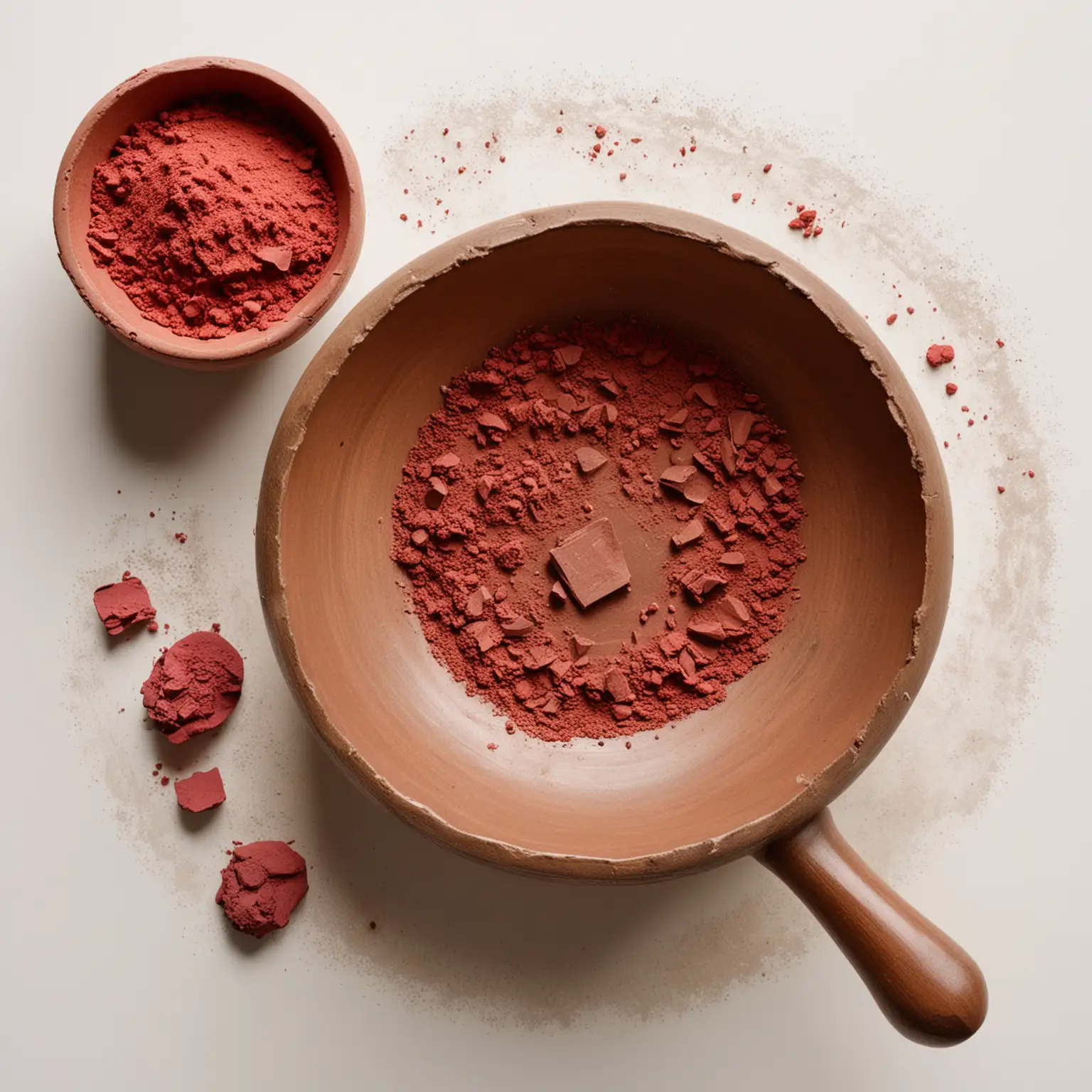 View strictly from above. An old brown clay bowl, chipped and scratched, half filled with carmine powder from ground cochineal. A wooden mallet or beater lies nearby. White background.