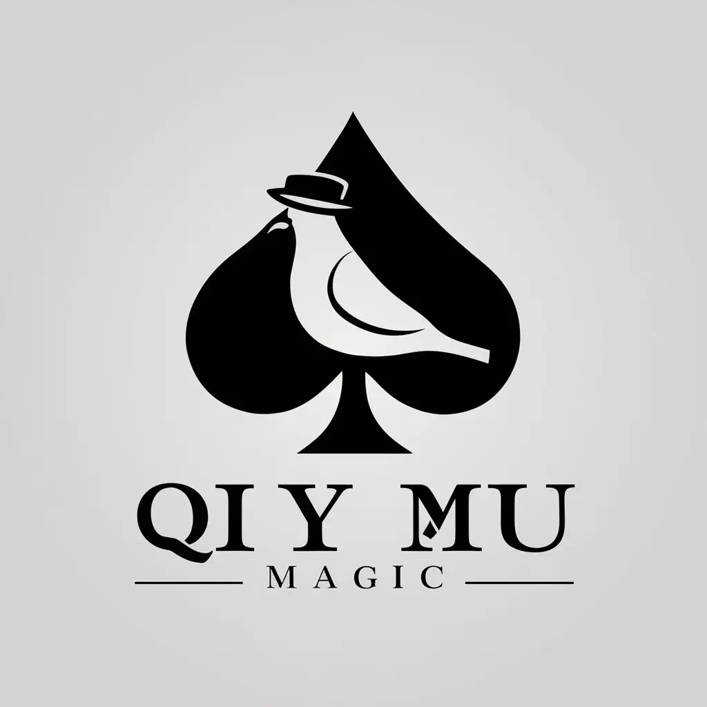 a vector logo design,with the text "Qi Yu Magic", main symbol:user_prompt: pigeon hat poker blackheart heart diamond club spade,Moderate,be used in Entertainment industry,clear background