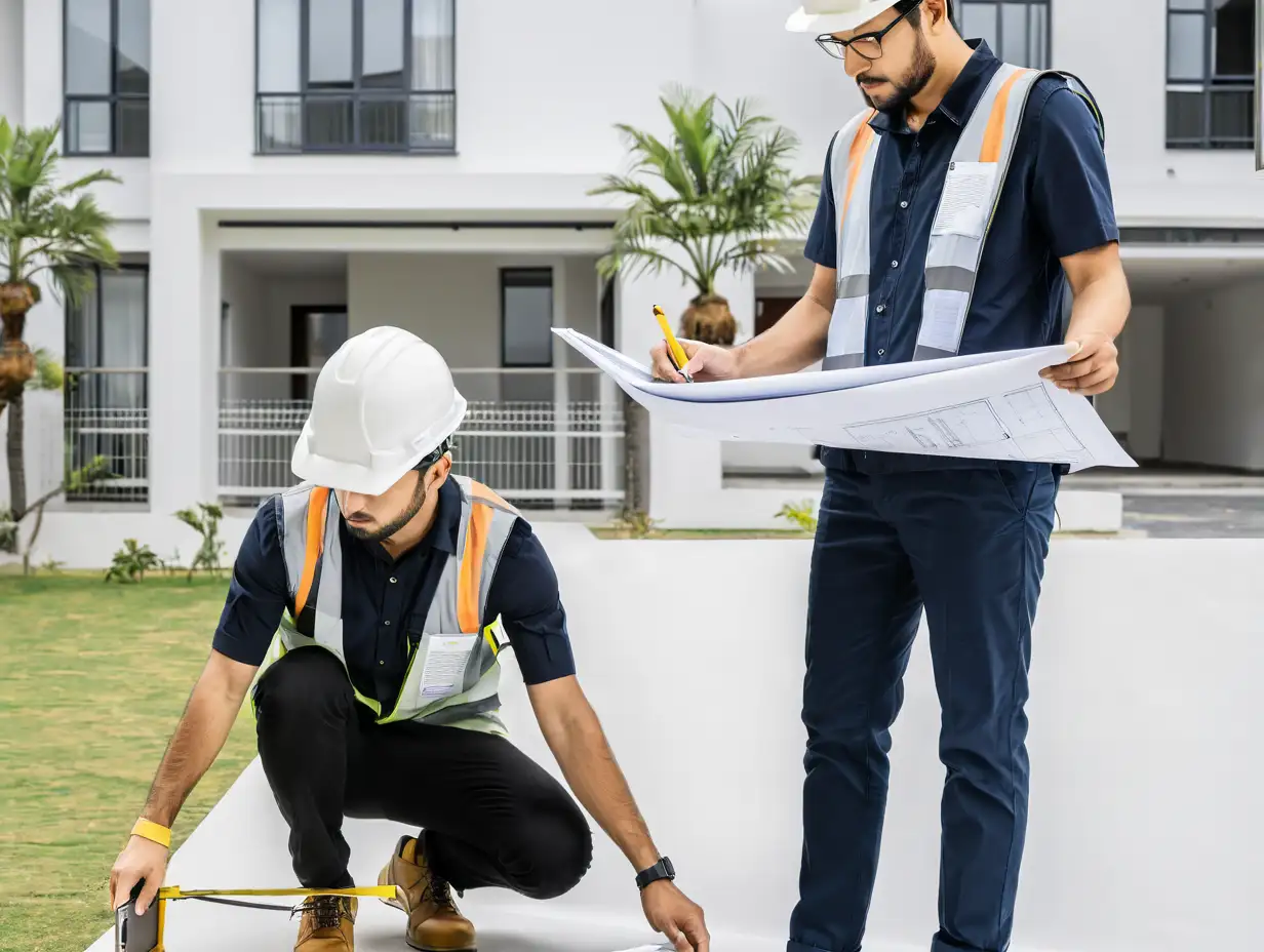 Two-Male-Engineers-Inspecting-Work-and-Discussing-Plans-with-Mobile-Phones-and-Blueprint