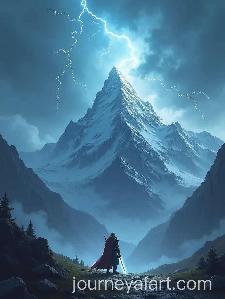 Ancient-Hero-Standing-at-SnowCapped-Mountain-Base-with-Glowing-Sword