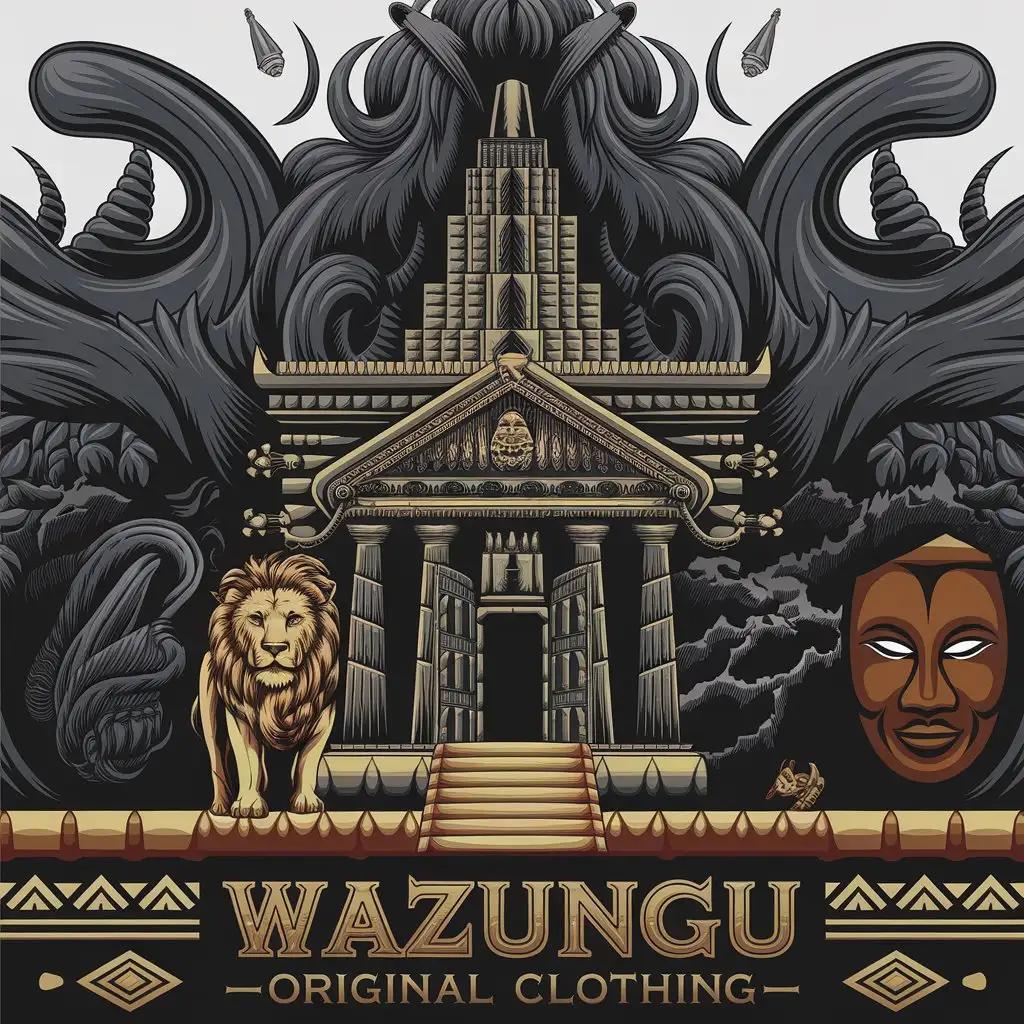 LOGO Design for WAZUNGU ORIGINAL CLOTHING Dark Spiritual Temple with Lion and African Mask Theme