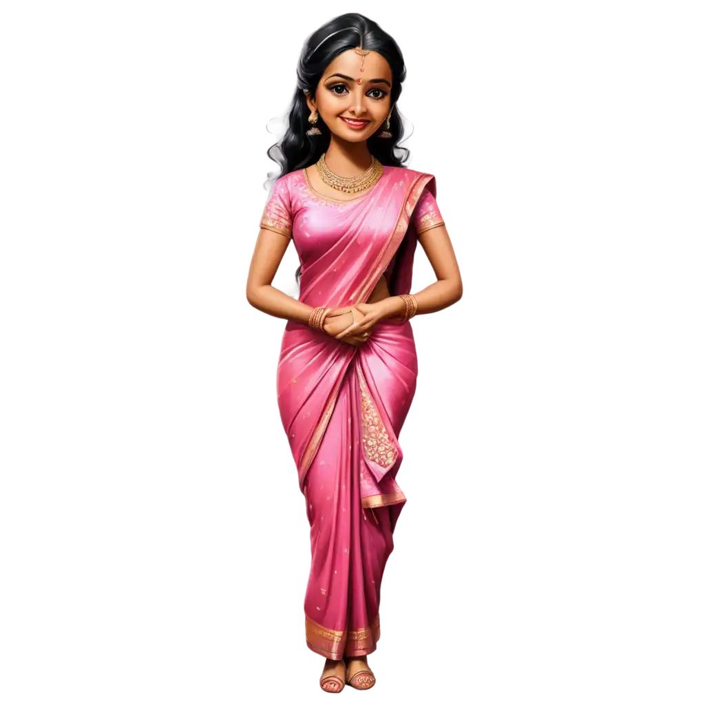 Caricature-of-a-Tamil-Bride-in-a-Pink-Saree-PNG-Format-for-Optimal-Clarity