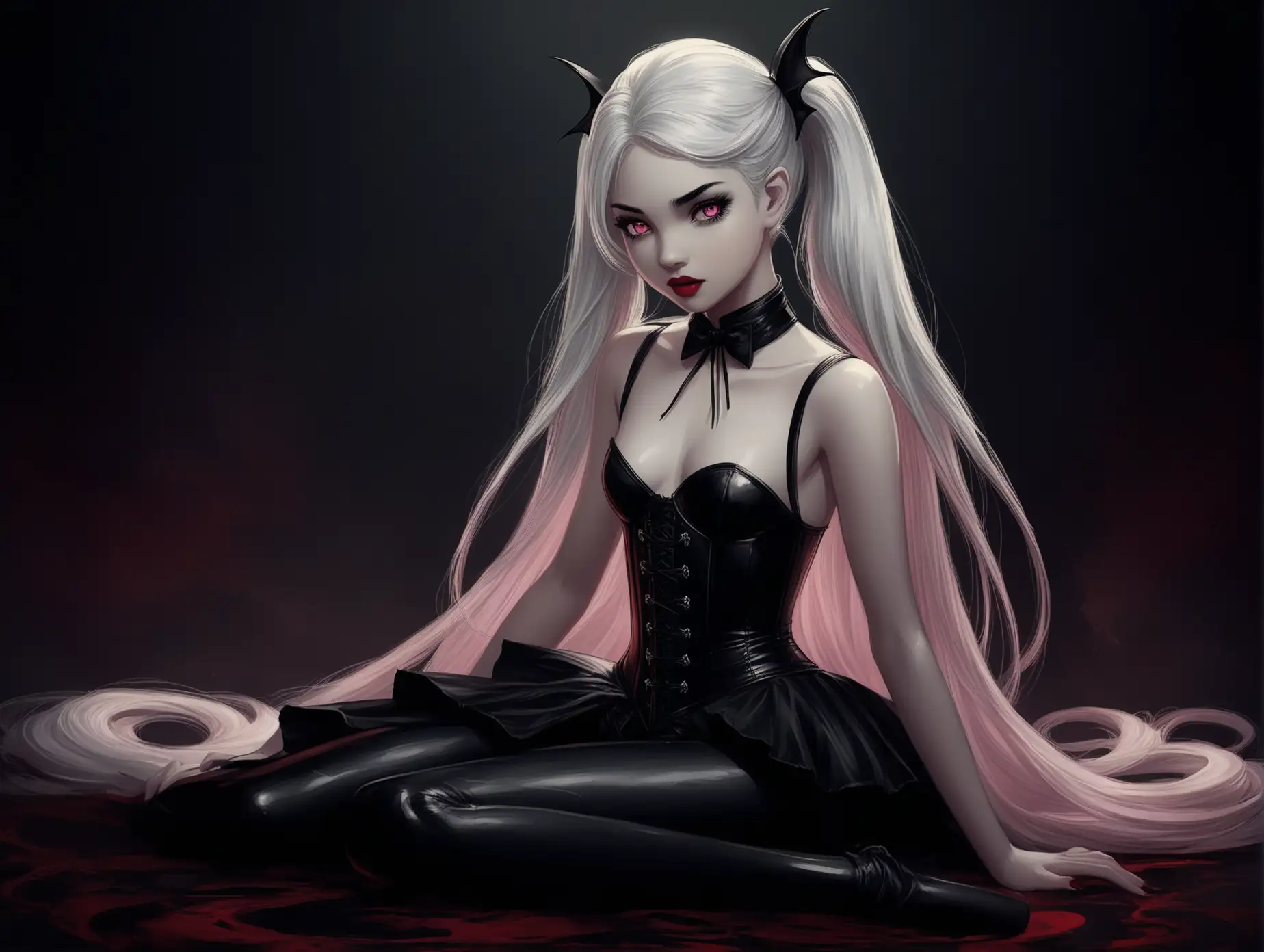 Petite-Vampire-Girl-in-Latex-Corset-with-Pink-Eyes-and-White-Hair