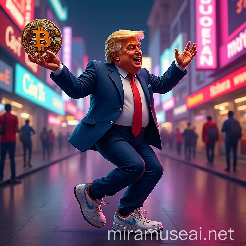 Happy Dancing Donald Trump with Bitcoin in Neon City