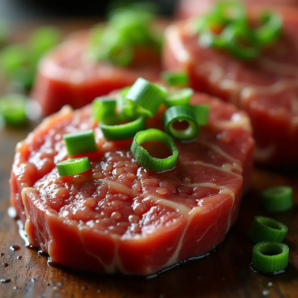 Dishes with vegetables baked on it, with green onions sprinkled, a delicious 3D graphic of Wagyu steak