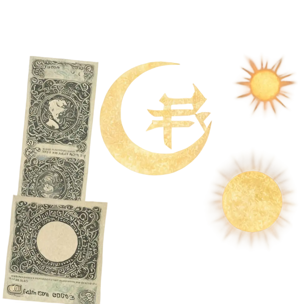 Runa Fehu on black background and below runes on paper money at the top moon near right sun