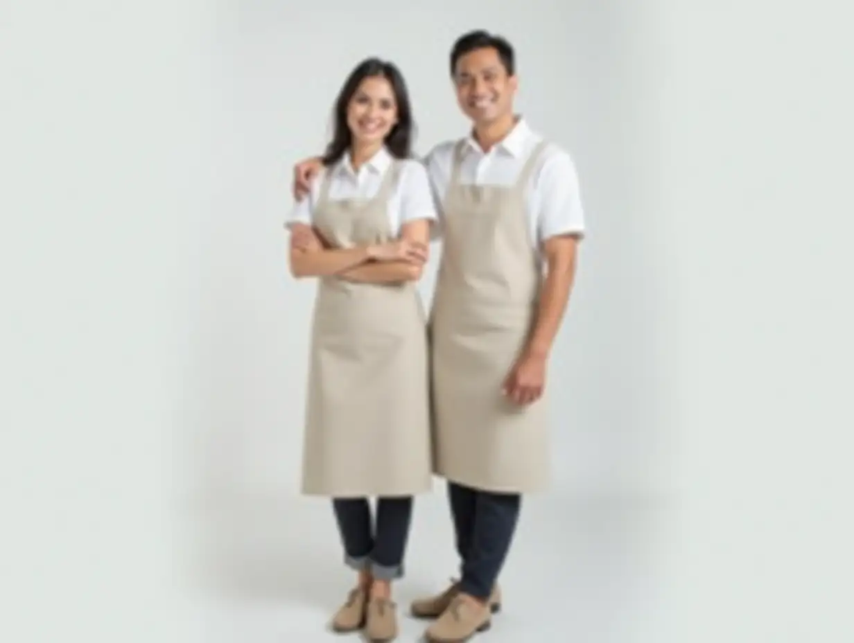 A portrait of a young Filipino couple one man and one woman, well-groomed and smiling warmly, dressed in professional housekeeper uniforms. They are standing confidently, wearing crisp white shirts with collars, clean neutral-colored aprons, elegant dark pants, and comfortable closed-toe shoes. The couple exudes a friendly and professional demeanor, their smiles conveying a sense of warmth and competence. High-definition image, balanced lighting, and a clean, minimalist background.