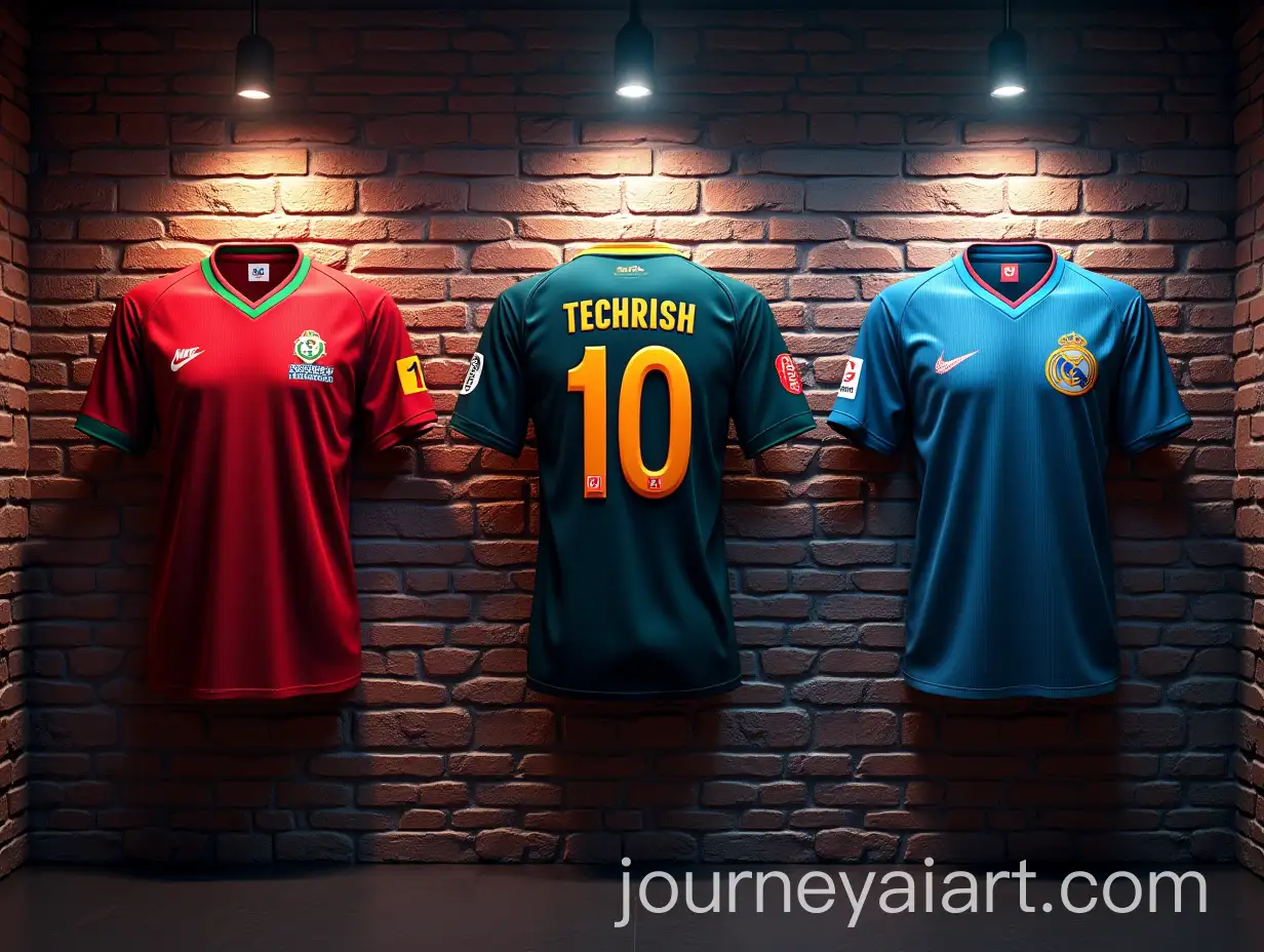 HyperRealisticAI-Image-Prompt-Expansion-Digital-Art-of-Football-and-Cricket-Jerseys-Displayed-on-Brick-Wall