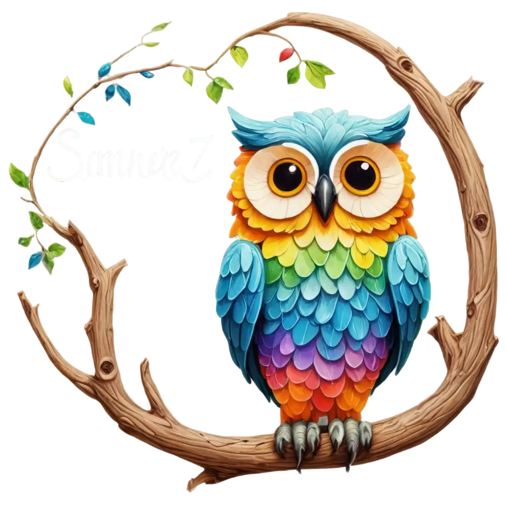 A fantasy owl that is multicolor not rainbow sitting on a branch With the word Sammerz83 under the branch a daytime scene in the style of meta horizon worlds.