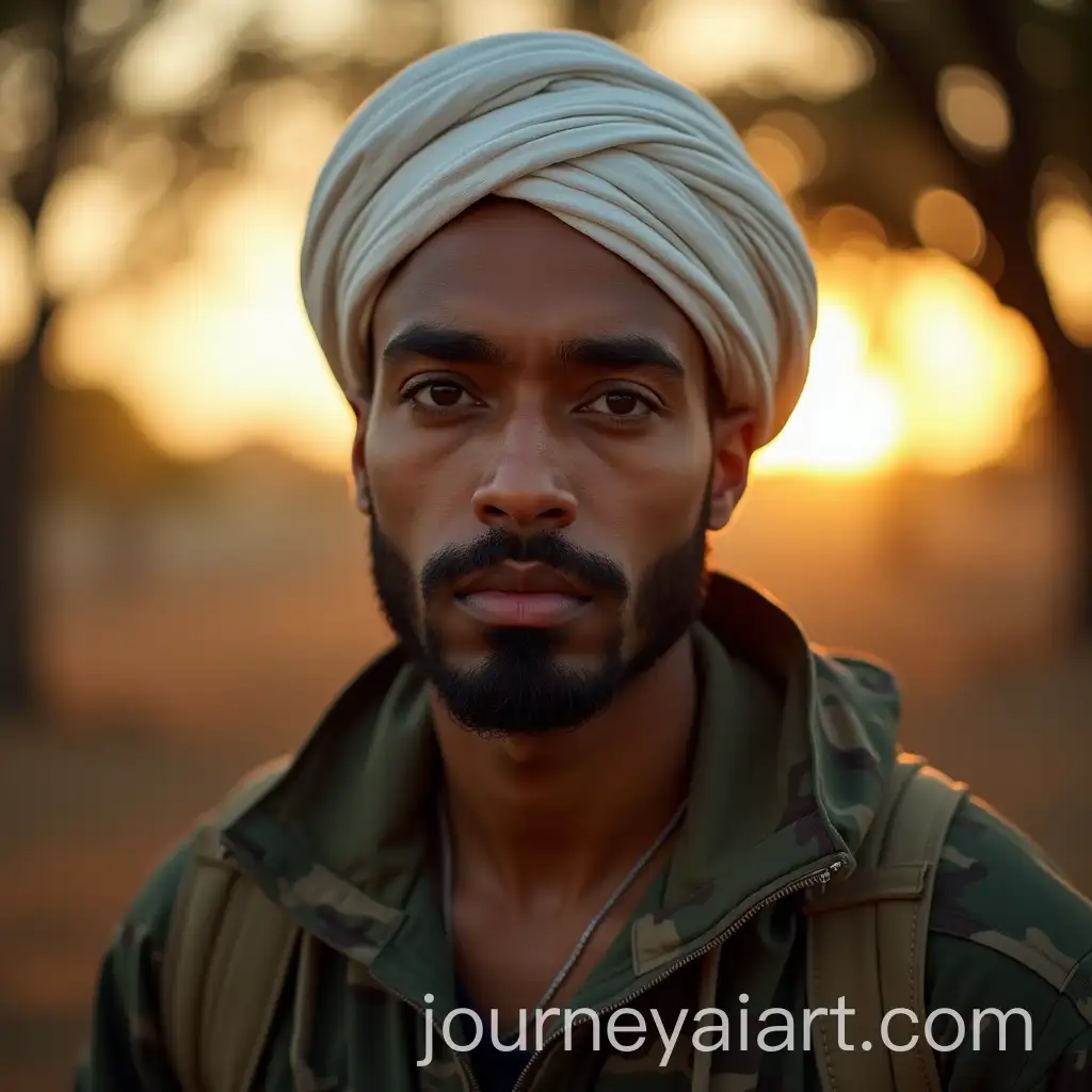 Young-Arab-Man-in-Camouflage-Jacket-and-White-TurbanAI-Art-Prompt-Expansion-at-Sunset