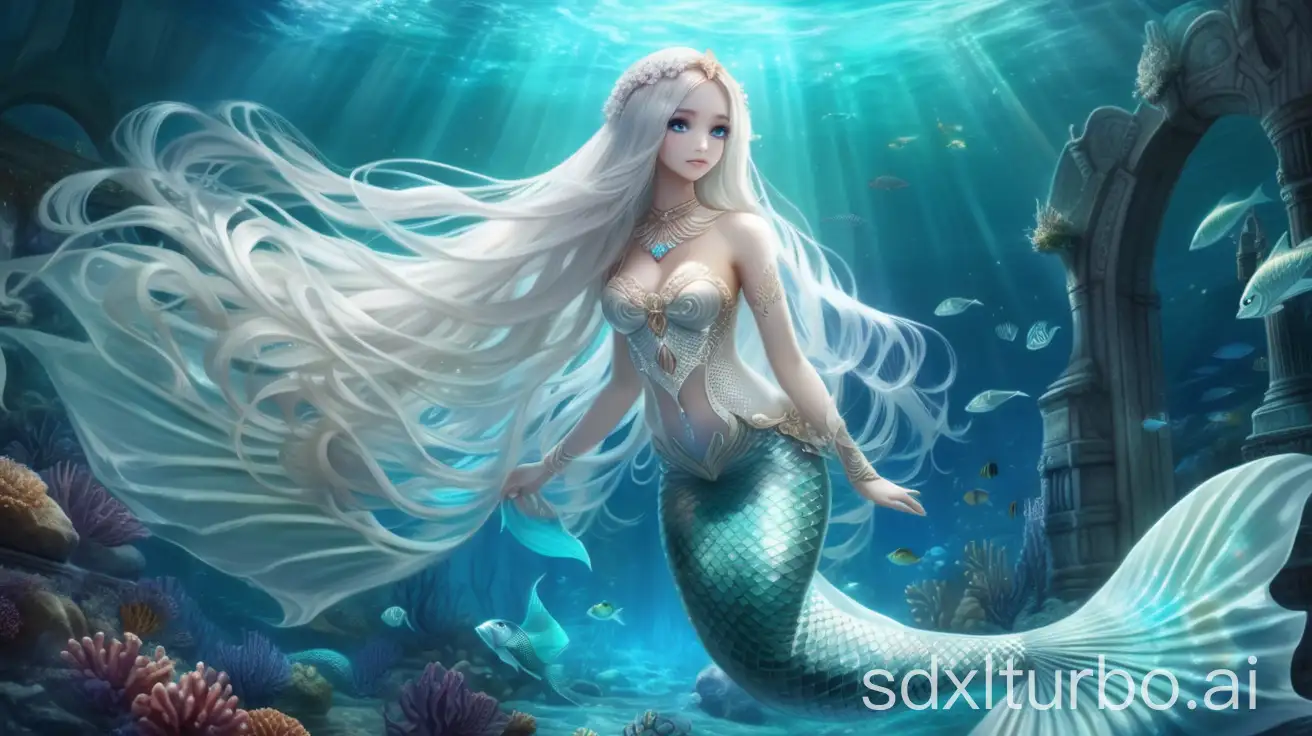 Mermaid, odd eyes, big wavy white long hair, white glowing fish tail, glowing wedding veil fish fin, panoramic view, full body image