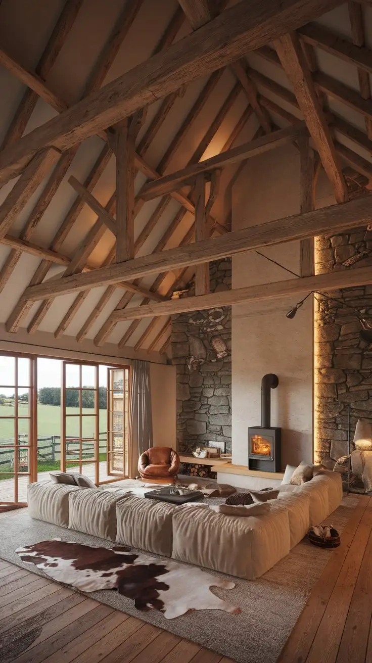 Cozy-Barn-House-Living-Room-with-Exposed-Wooden-Beams-and-Green-Pasture-View