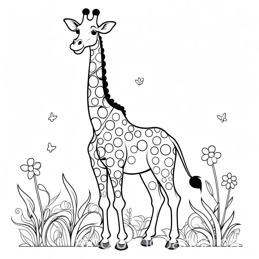 Create a drawing of a happy friendly cartoon character of a giraffe, long neck, smiley face ,eating grass ,clean full body with a white background without gray black shades. . image should be clean and clear simple white outline, easy for children to color., Coloring Page, black and white, line art, white background, Simplicity, Ample White Space. The background of the coloring page is plain white to make it easy for young children to color within the lines. The outlines of all the subjects are easy to distinguish, making it simple for kids to color without too much difficulty