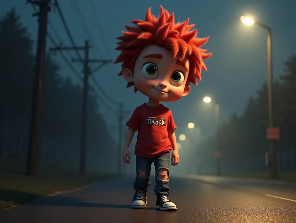 3D render of a cartoon boy with large, expressive eyes and a red mane. He is wearing a red t-shirt ,With the Text Mr.Kalki,ripped jeans, and black sneakers walking down a deserted, foggy road at night, with dim streetlights casting long shadows and an eerie, quiet atmosphere