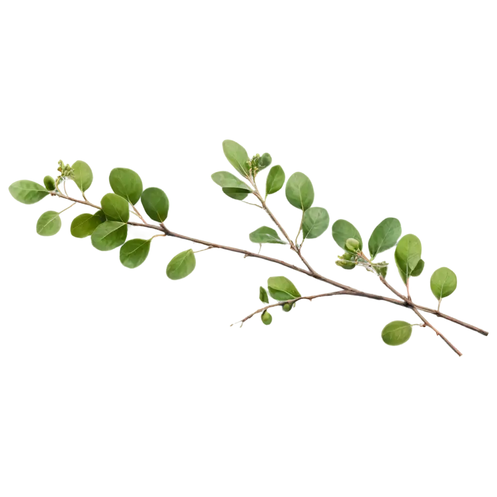 thin twigs with leaflets, leaves round dark turquoise color, around many small green berries
