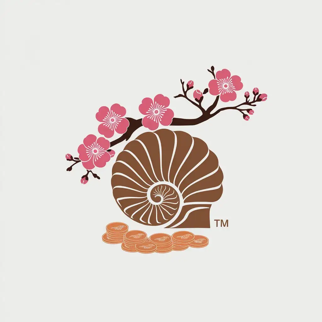 a vector logo design,with the text "™", main symbol:Seashell and plum blossom combined with copper coins,Minimalistic,be used in Religious industry,clear background