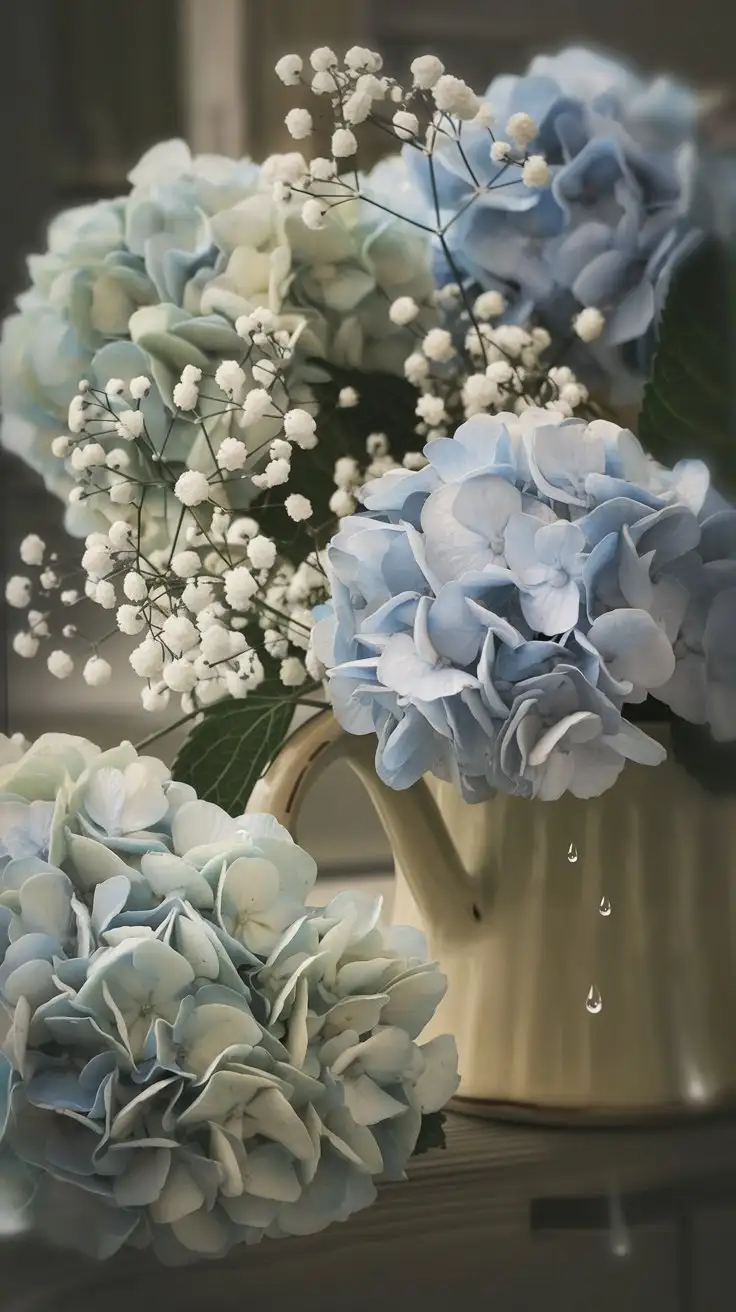 Melancholic-yet-Humorous-Floral-Arrangement-with-Hydrangeas-and-Babys-Breath