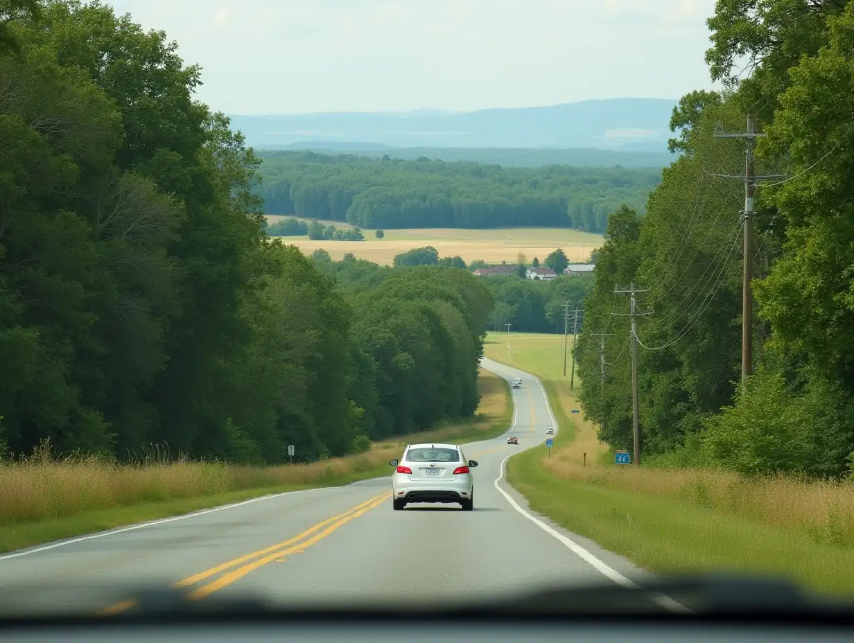 Exploring Backroads Photograph capturing a car traveling along winding backroads surrounded by forests and fields, offering a sense of freedom and discovery in summer road trips.