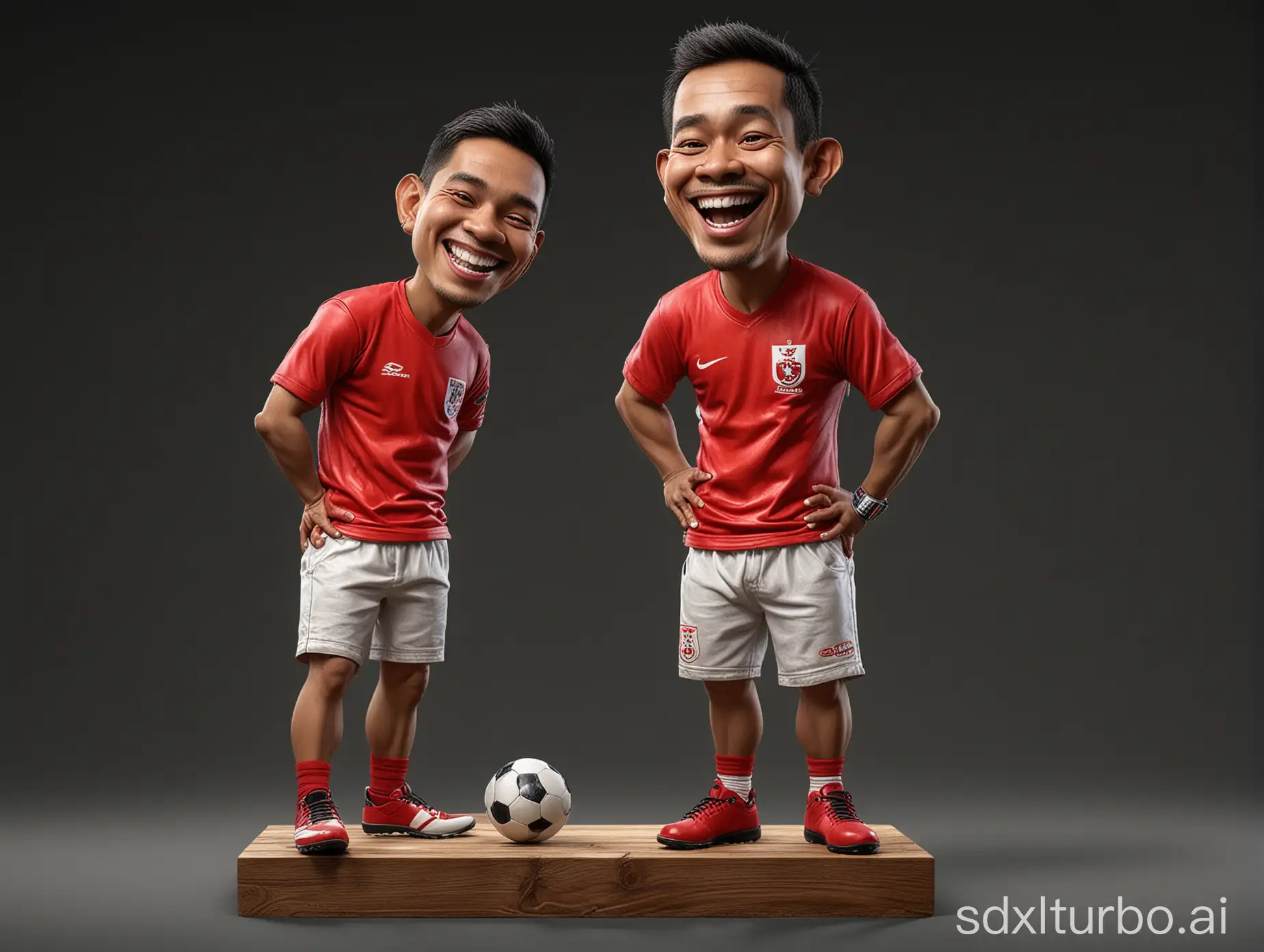 Hyperrealistic 4D caricature of Indonesian man, laughing face, bigger head, small and short body, wearing a red football shirt, white shorts and football boots, the man is standing on a wooden block, hands on his waist, next to him is ball, black background with low lighting, 3d rendering photo, photography portrait