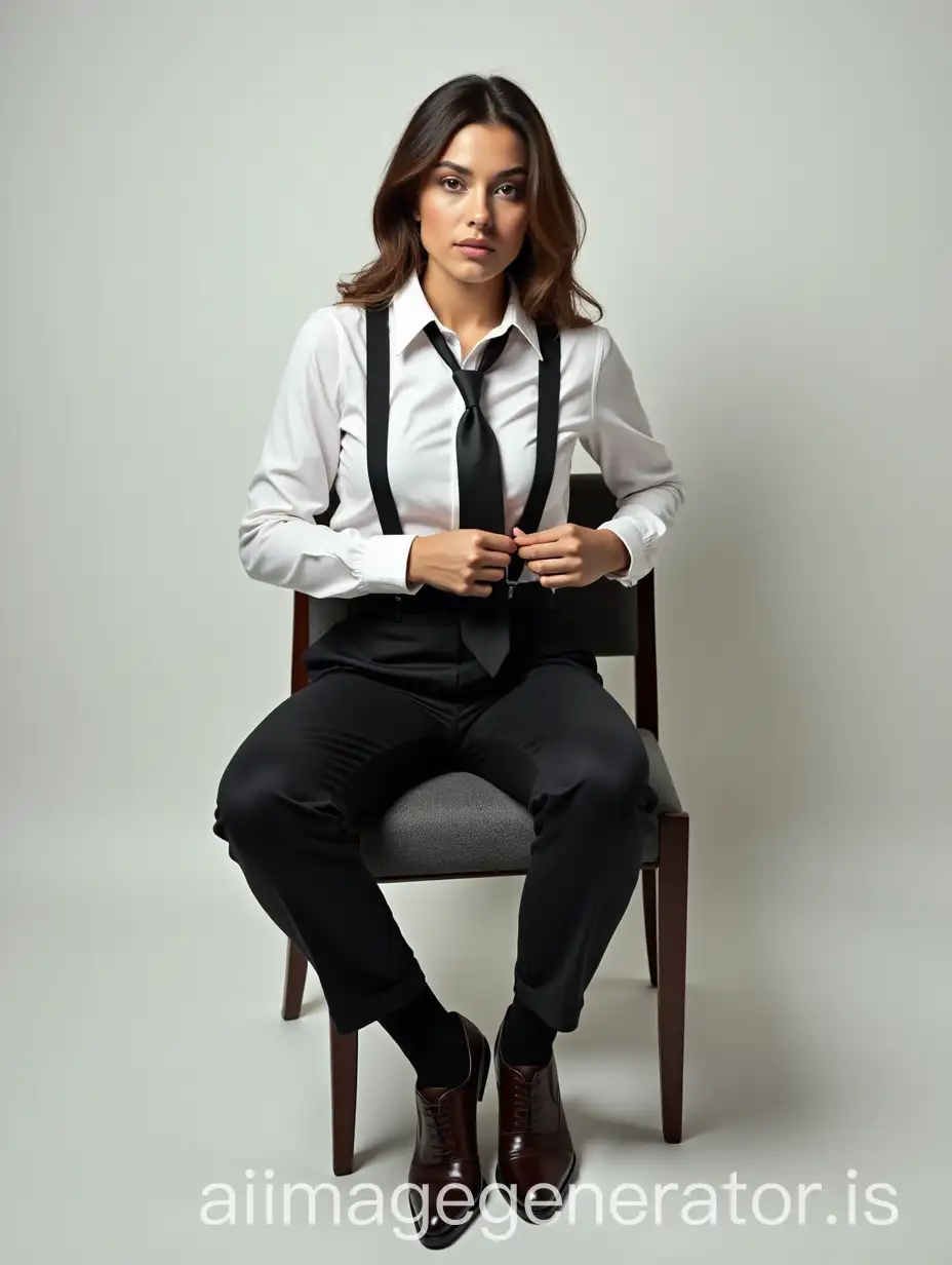 Full body shot of stunning female woman movie actress, getting dressed, wearing men's unlaced Oxford shoes, wearing man's dress shirt, suspenders, necktie in loose Windsor knot, men's suit pants, black socks, buttoning top button of shirt, sitting in chair, in front of blank background