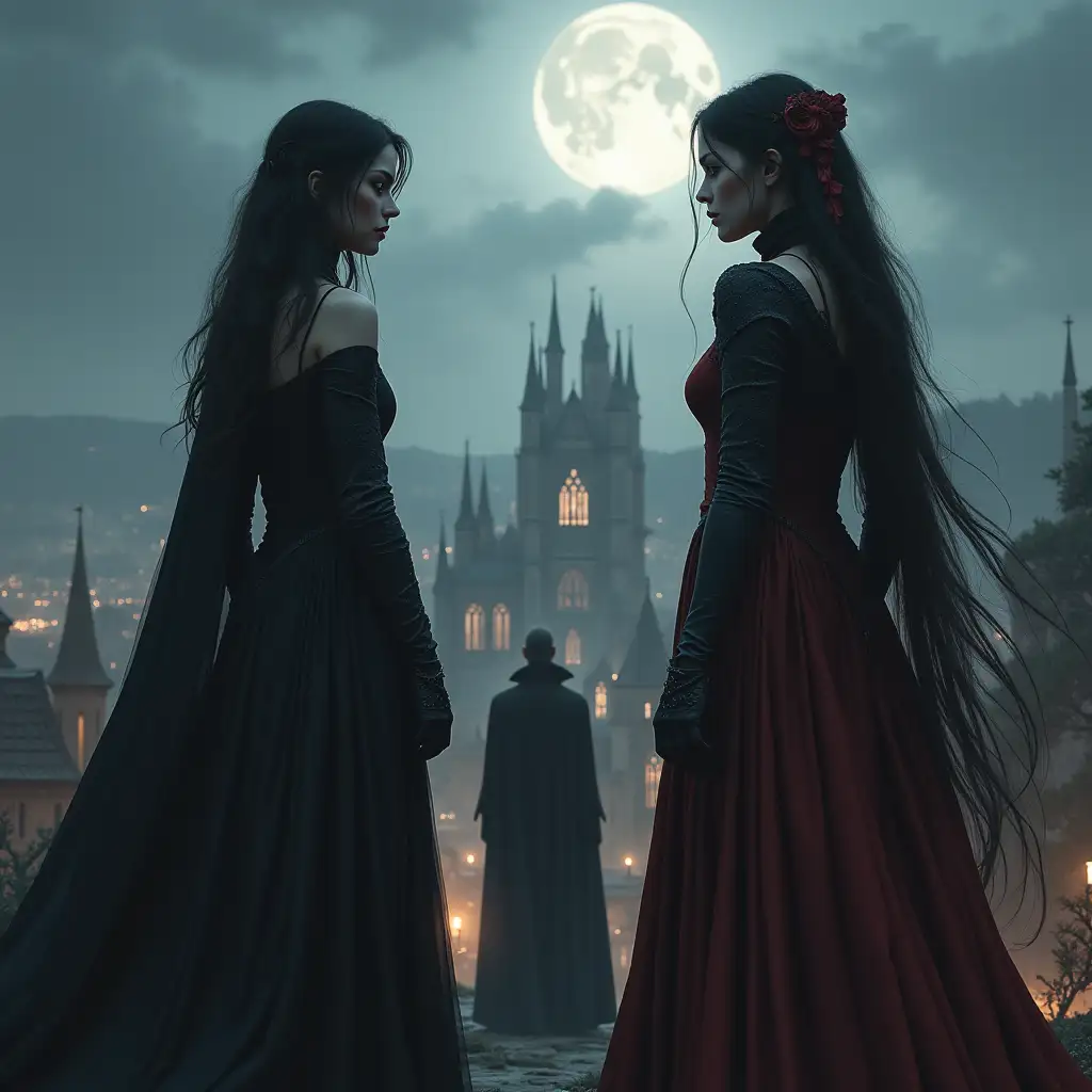 Two Female Vampires Overlooking a Gothic Town with a Male Vampire