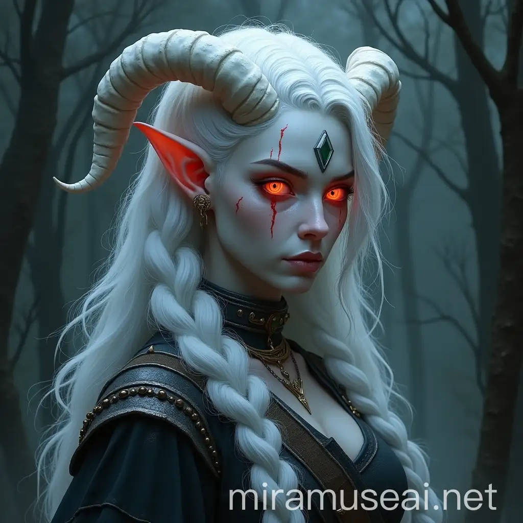 Dark Fantasy Albino Female Tiefling Barbarian in Snowy Forest